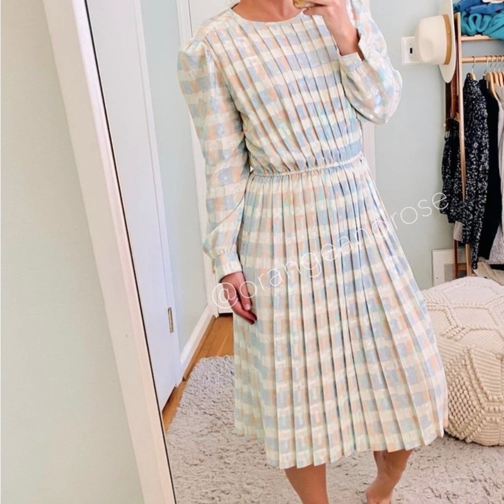 Vintage Mavinette 60/70s Peach Purple Green Cream Pleated Skirt Maxi Dress M 10